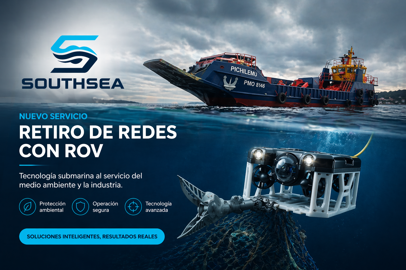 Retiro de redes con ROV — Southsea. Operación submarina desde superficie con embarcación de apoyo