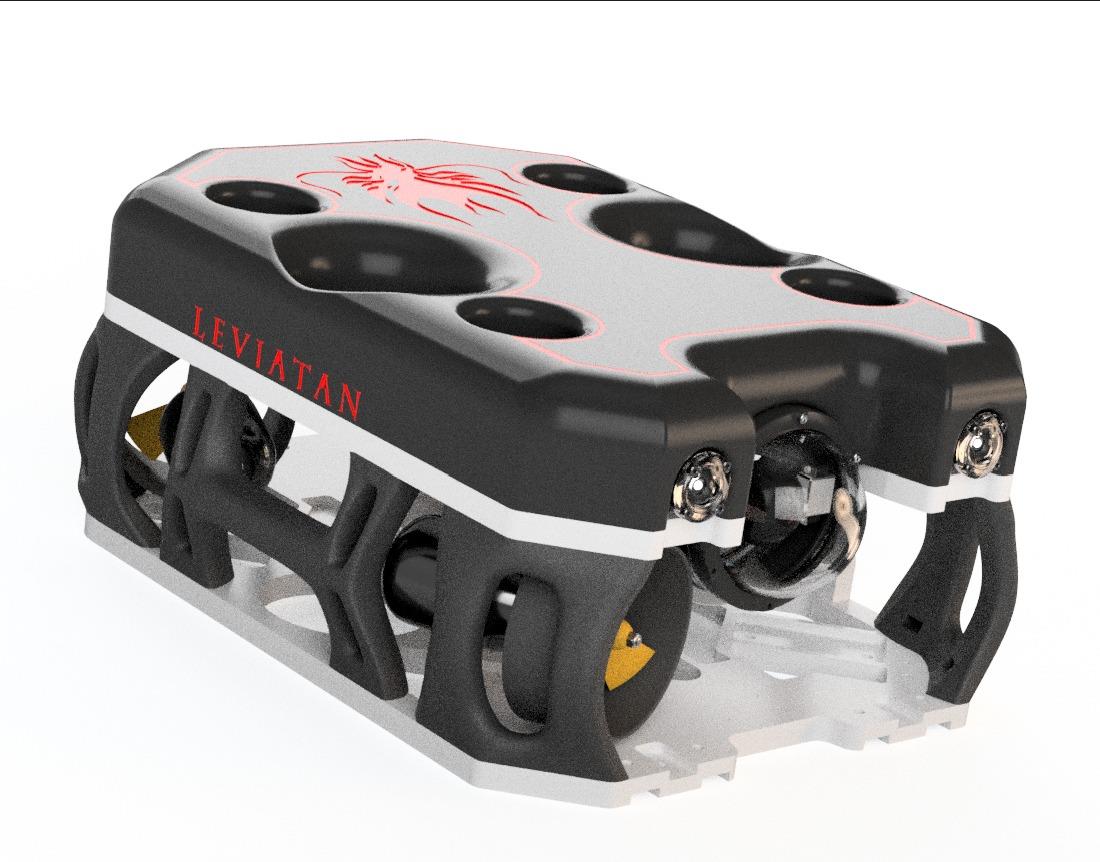 ROV Leviatán 4500 de New Frontier Technologies — vista superior del chasis con los 6 thrusters integrados, logo Leviatán y cúpula de visión frontal