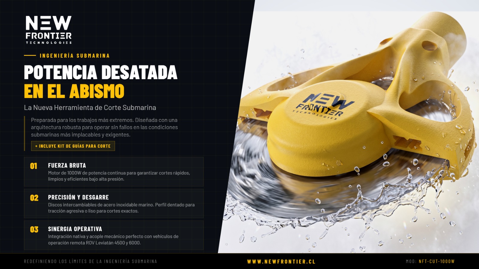 Herramienta de corte submarina NFT-CUT-1000W de New Frontier — motor de 1.000W con discos intercambiables de acero inoxidable marino